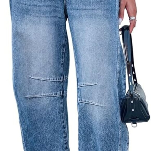 Mid Rise Barrel Jeans for Women Wide Leg Mid Waist Cropped Denim Pants Y2k Baggy - Picture 3 of 7